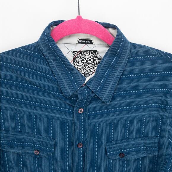 Billabong Factory Distressed Men’s Medium Slim Fit Button-Up Shirt Blue Striped - Picture 2 of 12